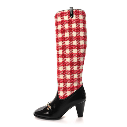 Gucci Tweed Naplack Gingham Zumi Knee Boots 37 White Red Black 1 of 9