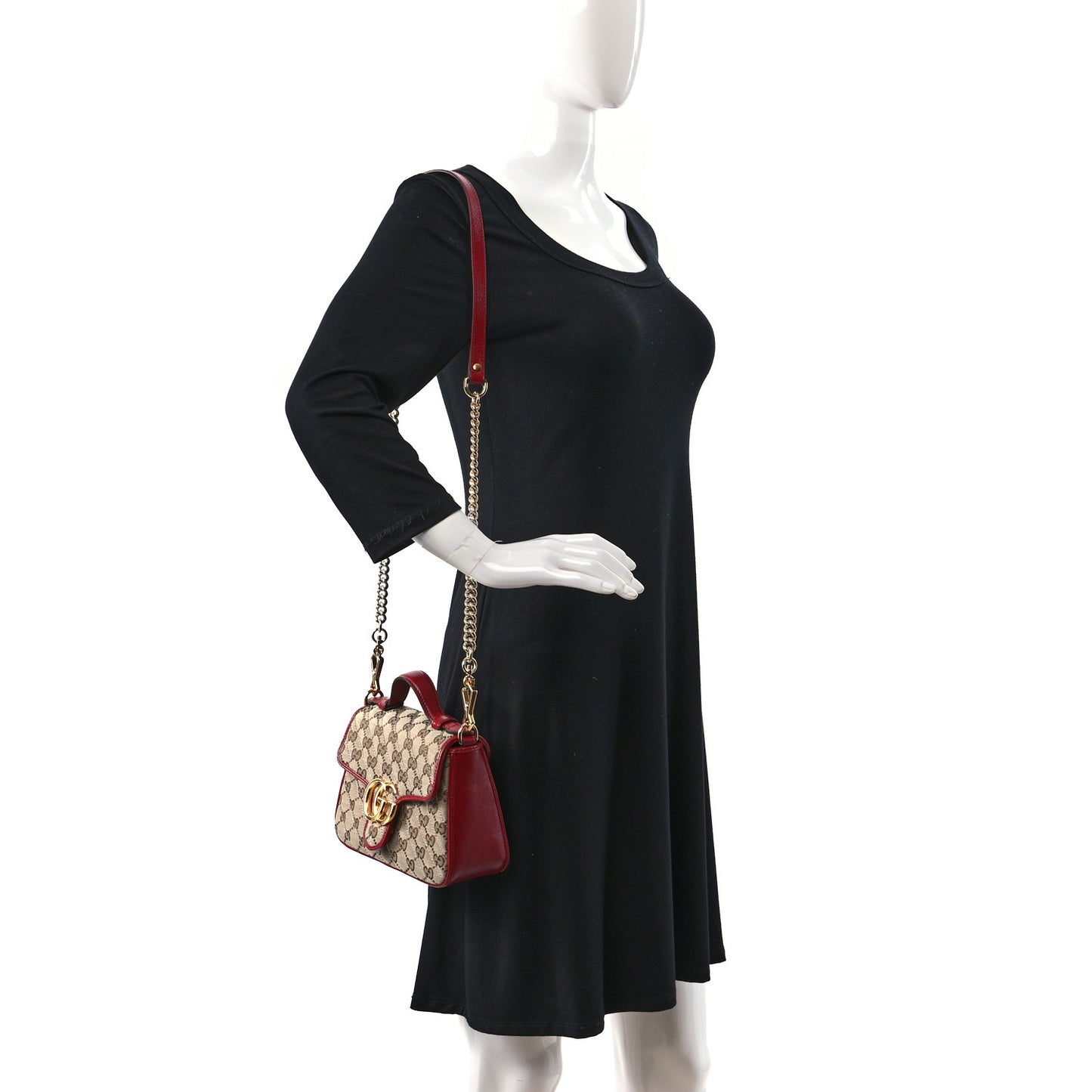 Monogram Glazed Calfskin Matelasse Diagonal Mini GG Marmont Top Handle Shoulder Bag Beige Ebony New Cherry Red