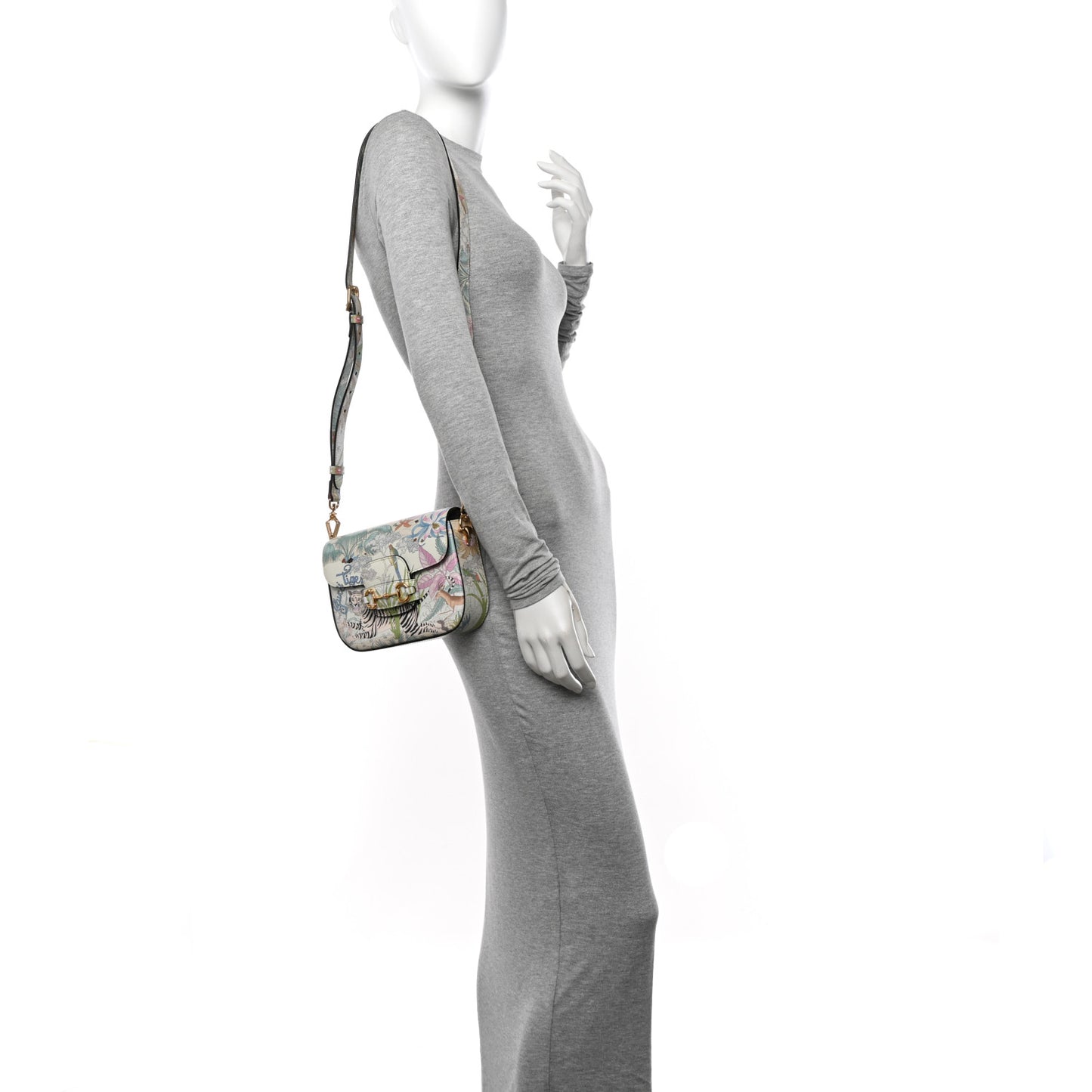New Shangai Calfskin Tiger Savanah Web Mini Horsebit 1955 Shoulder Bag Chalky White Multicolor