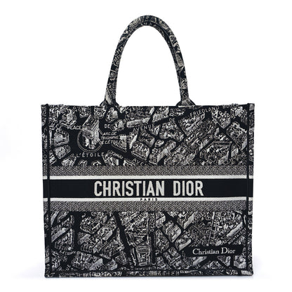 Christian Dior Canvas Embroidered Large Plan De Paris Book Tote Black White 1 of 9
