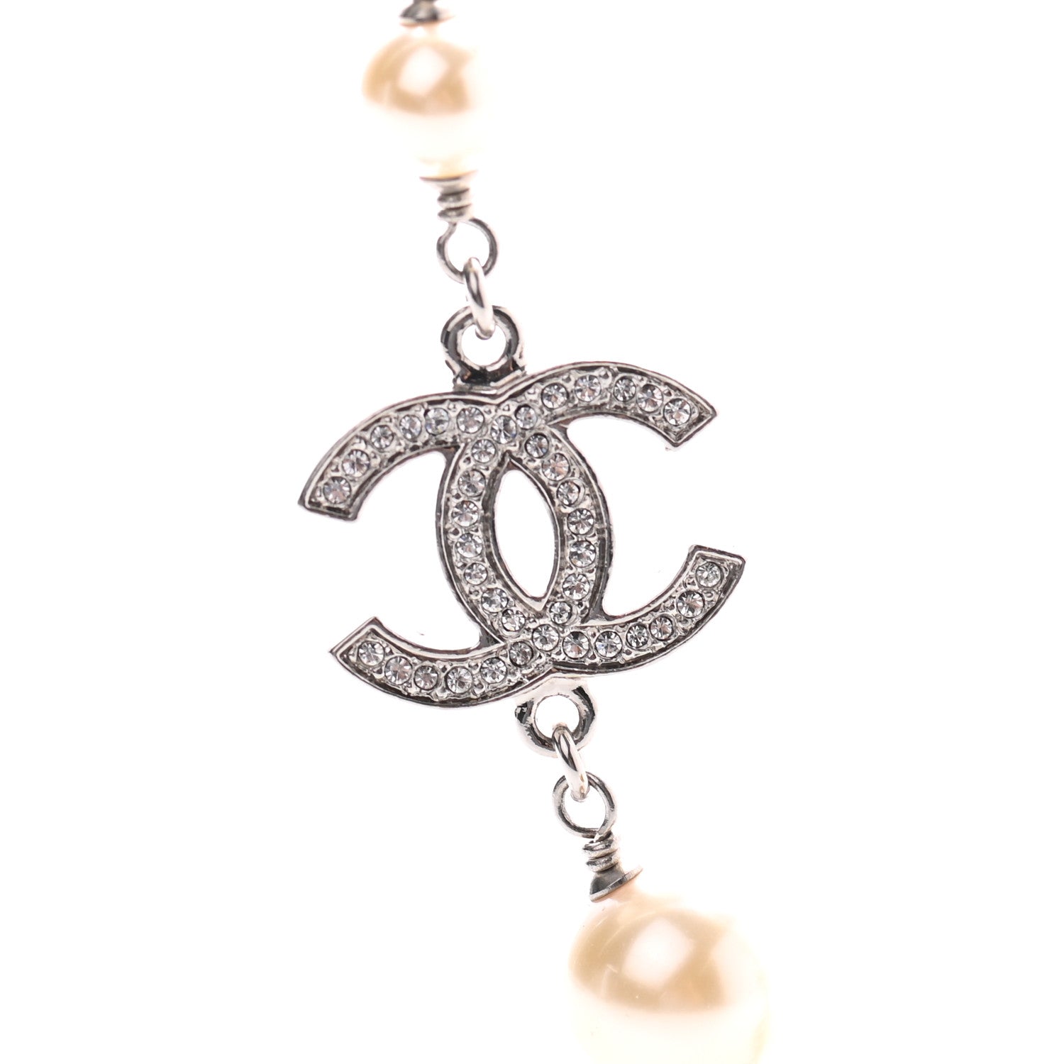 Chanel Crystal Pearl CC Long Necklace Silver 4 of 8