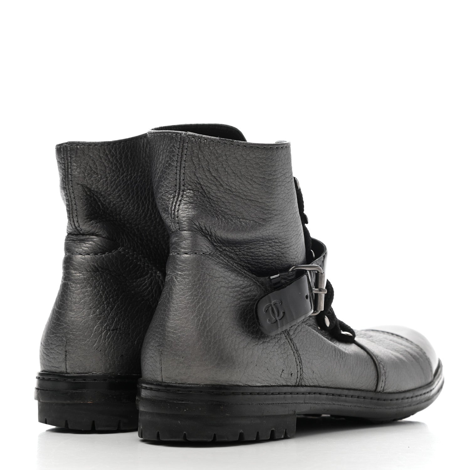 Chanel Metallic Grained Calfskin Patent Cap Toe Combat Short Boots 37.5 Dark Silver 4 of 15
