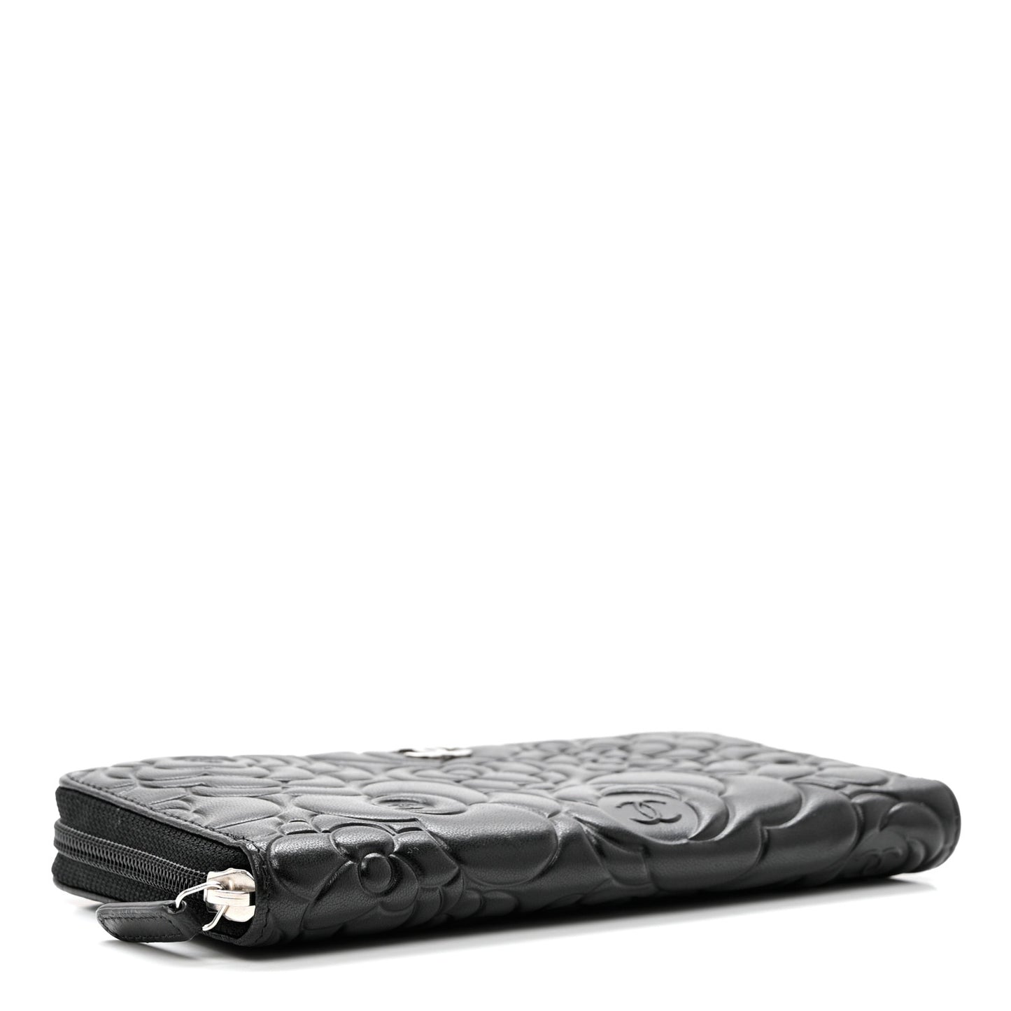 Lambskin Camellia Embossed Zip Around Gusset Wallet Black