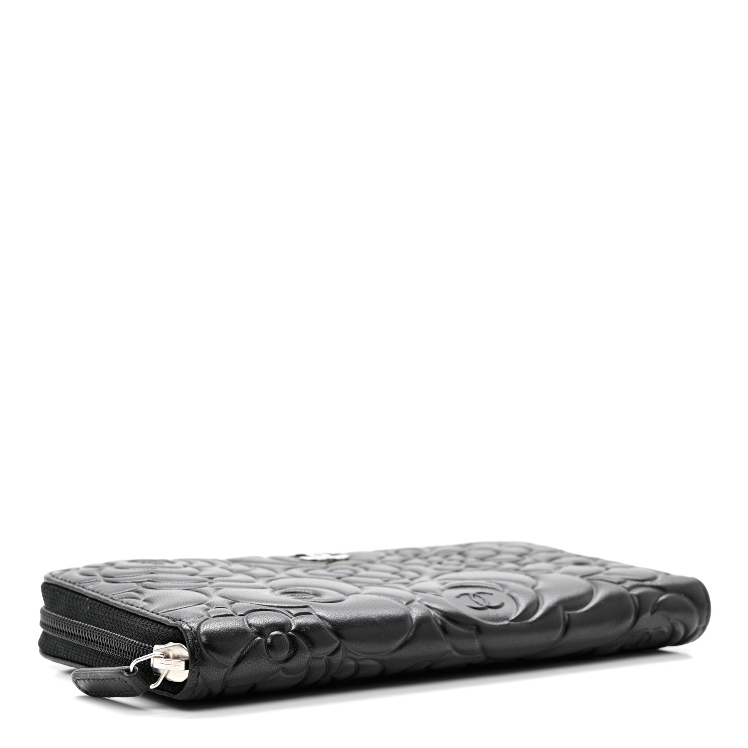 Chanel Lambskin Camellia Embossed Zip Around Gusset Wallet Black 4 of 9