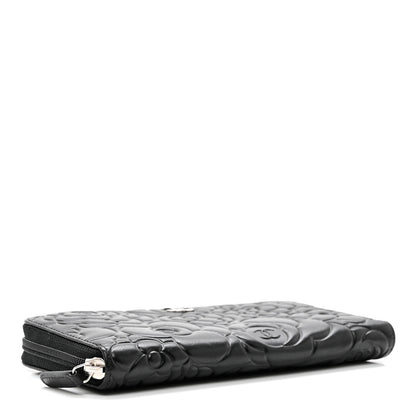 Chanel Lambskin Camellia Embossed Zip Around Gusset Wallet Black 4 of 9