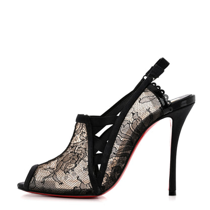 Christian Louboutin Satin Lace Chantilly Guiptik 100 Slingback Sandals 37 Black 1 of 7
