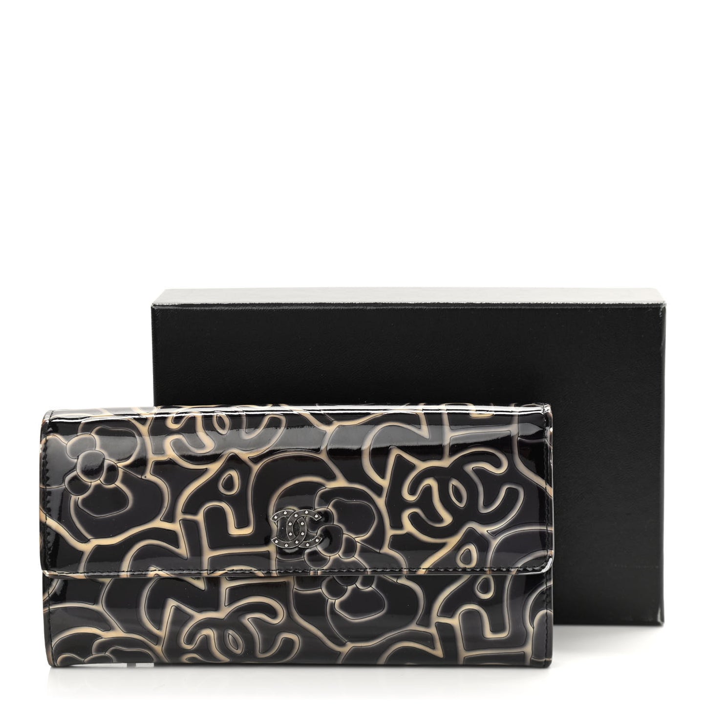 Patent Camellia Embossed Flap Wallet Dark Blue
