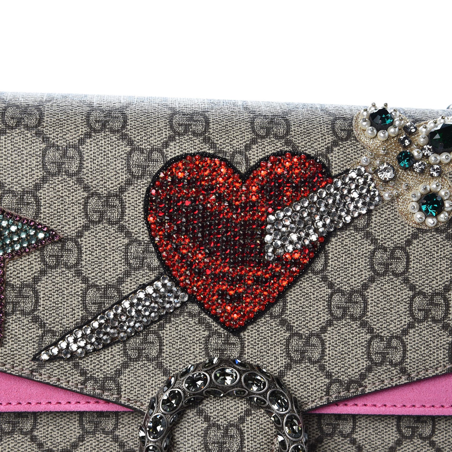 GG Supreme Monogram Suede Pierced Heart Embroidered Medium Dionysus Shoulder Bag Beige Ebony Pink Tropical Flower