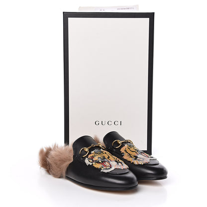 Gucci Calfskin Lambswool Tiger Embroidered Womens Princetown Slippers 35 Black 8 of 8
