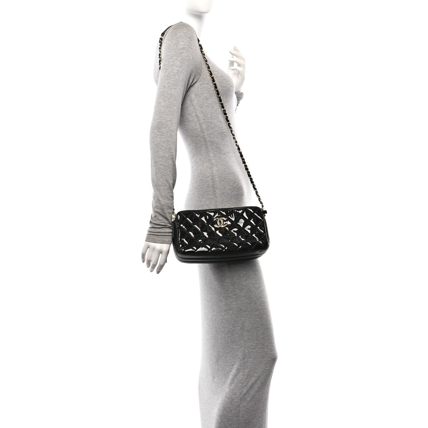 Chanel Patent Quilted Crown CC Double Zip Bag Black 2 of 12