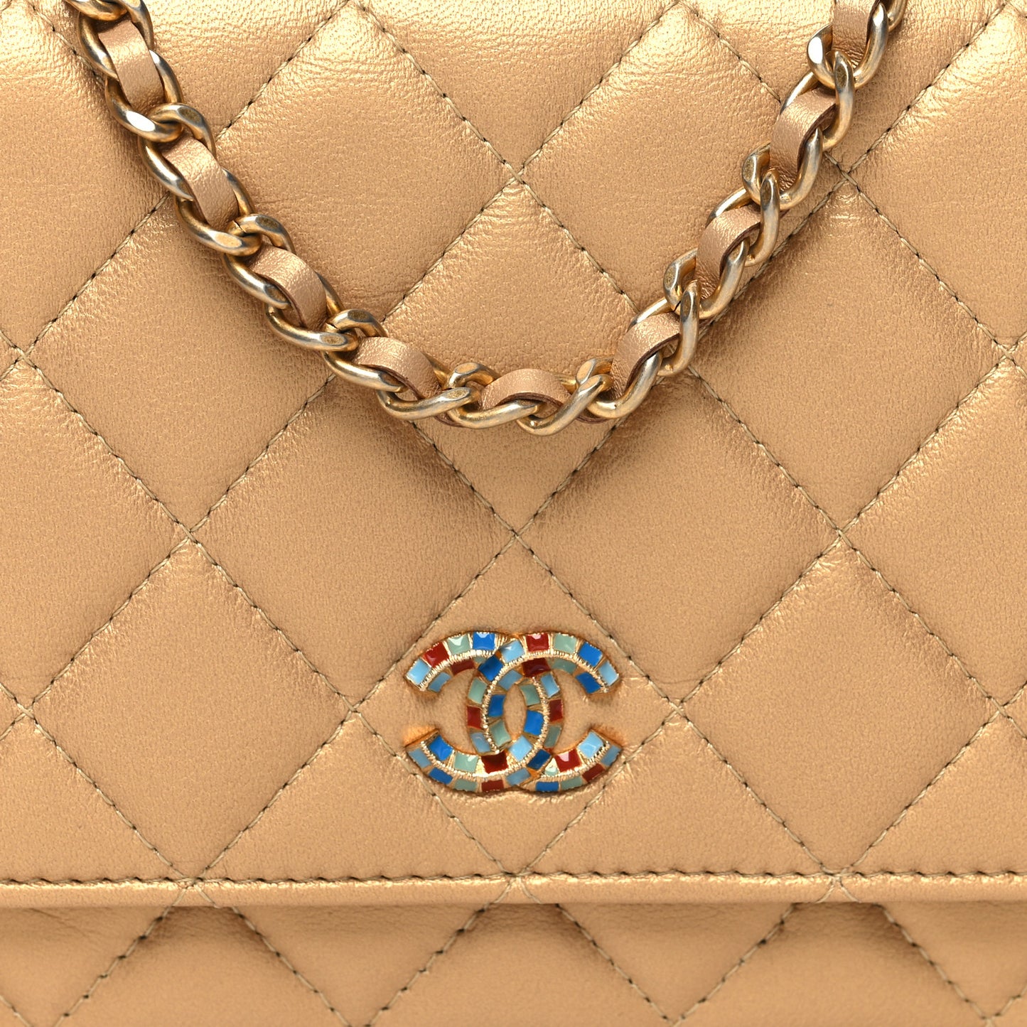 Metallic Lambskin Quilted Enamel Wallet On Chain WOC Gold