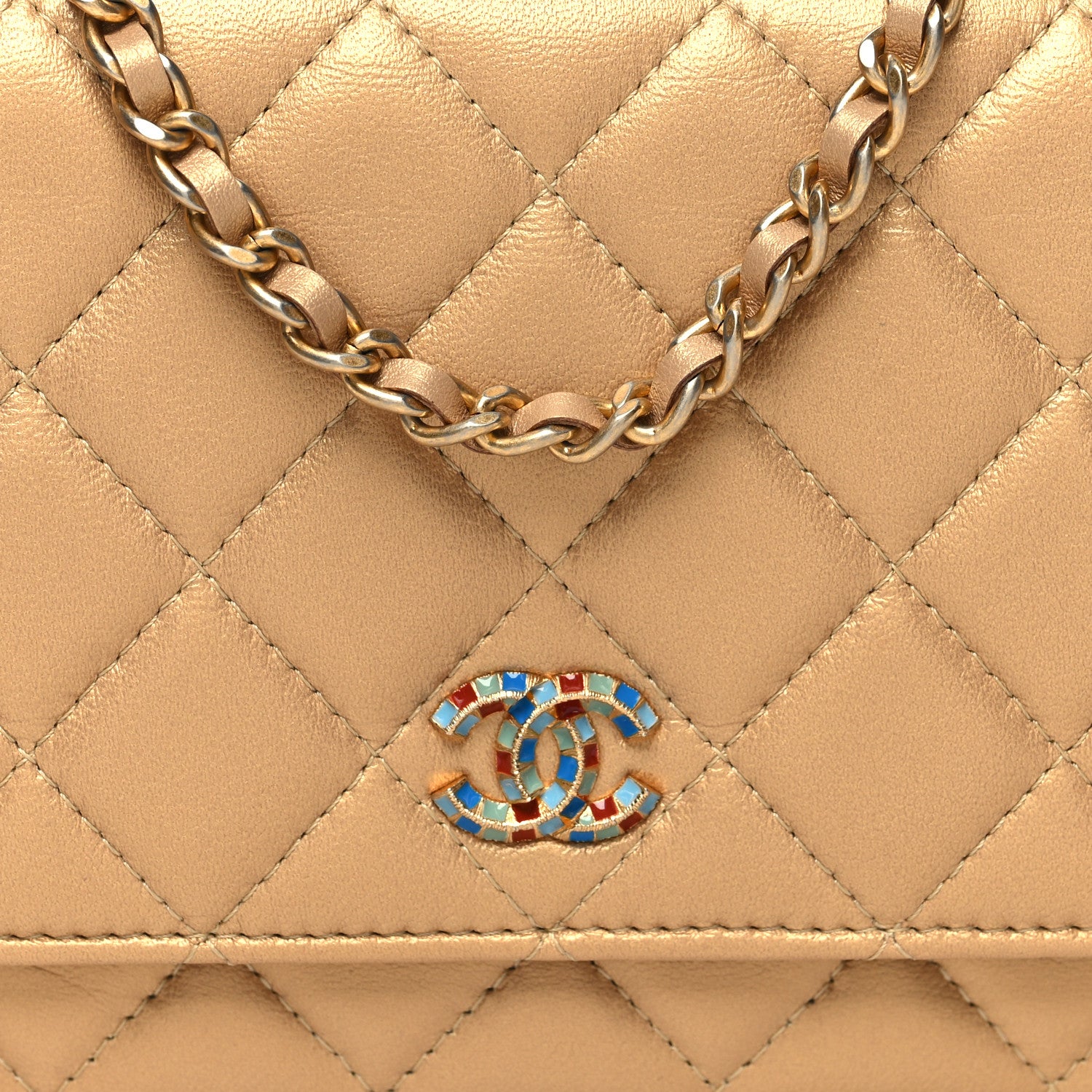 Chanel Metallic Lambskin Quilted Enamel Wallet On Chain WOC Gold 9 of 13