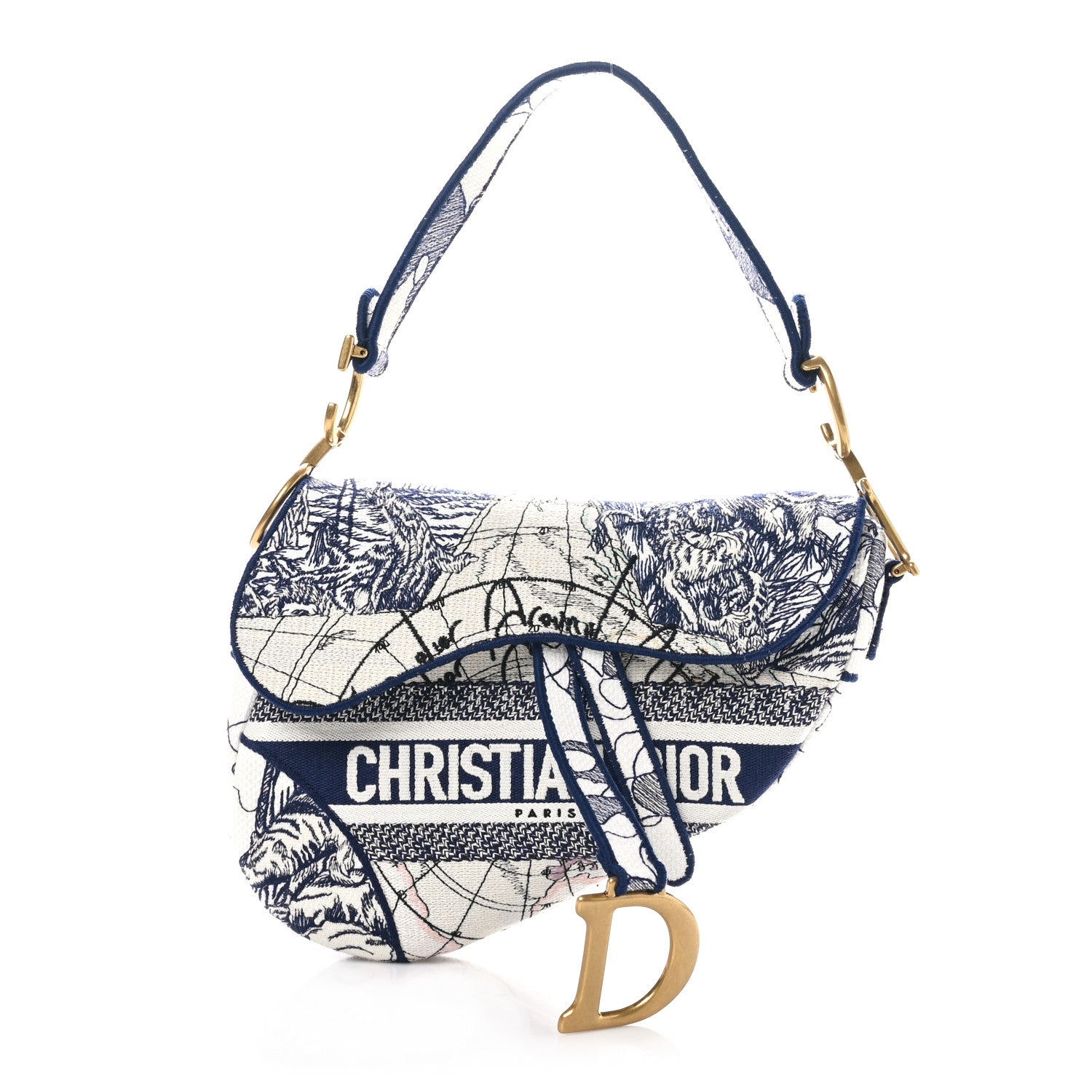 Christian Dior Canvas Embroidered Around the World Saddle Bag Blue 1 of 10