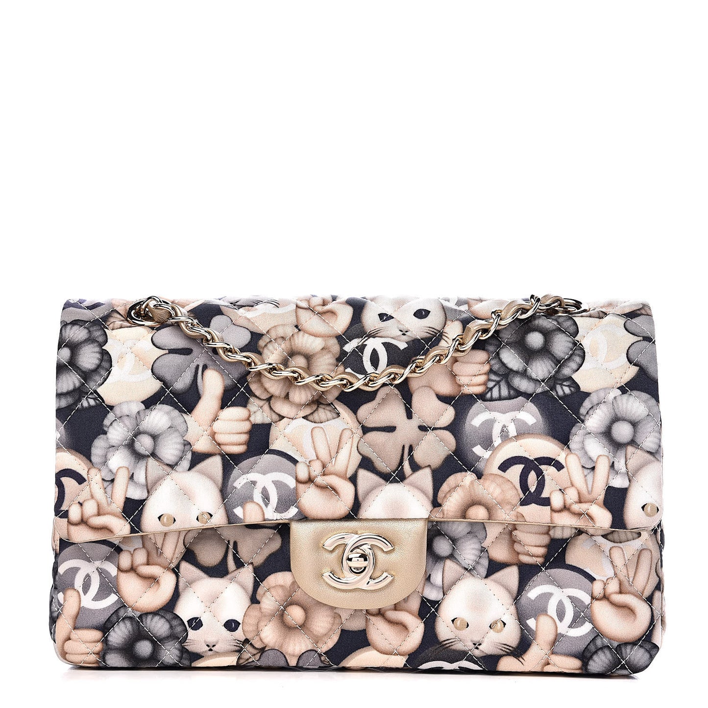 Nylon Quilted Medium Cat Emoticon Double Flap Navy Gold