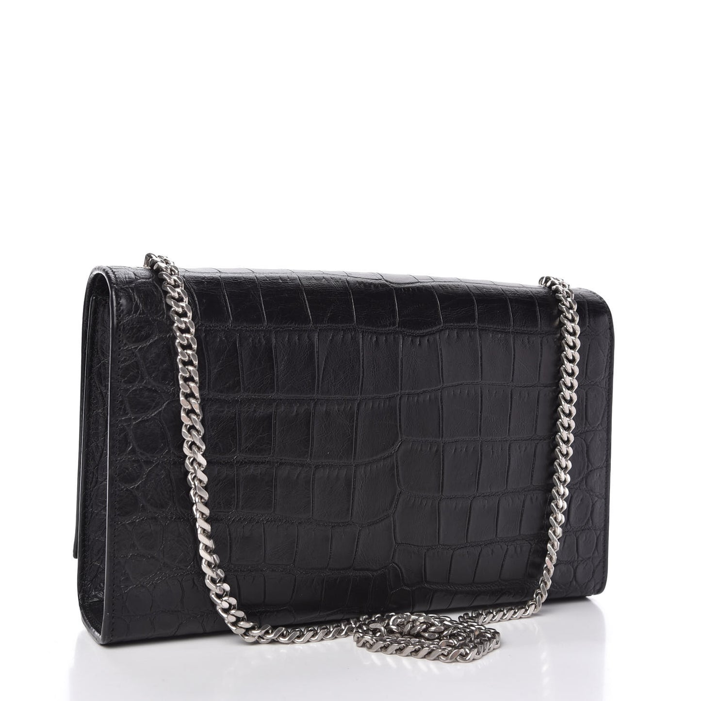 Calfskin Crocodile Embossed Medium Classic Monogram Kate Tassel Satchel Black