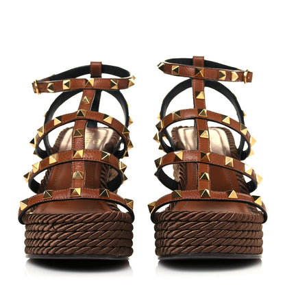 Valentino Garavani Calfskin Rockstud Ankle Strap Torchon Espadrille Caged 25/95mm Wedge Sandals 37 Cuoio 2 of 7