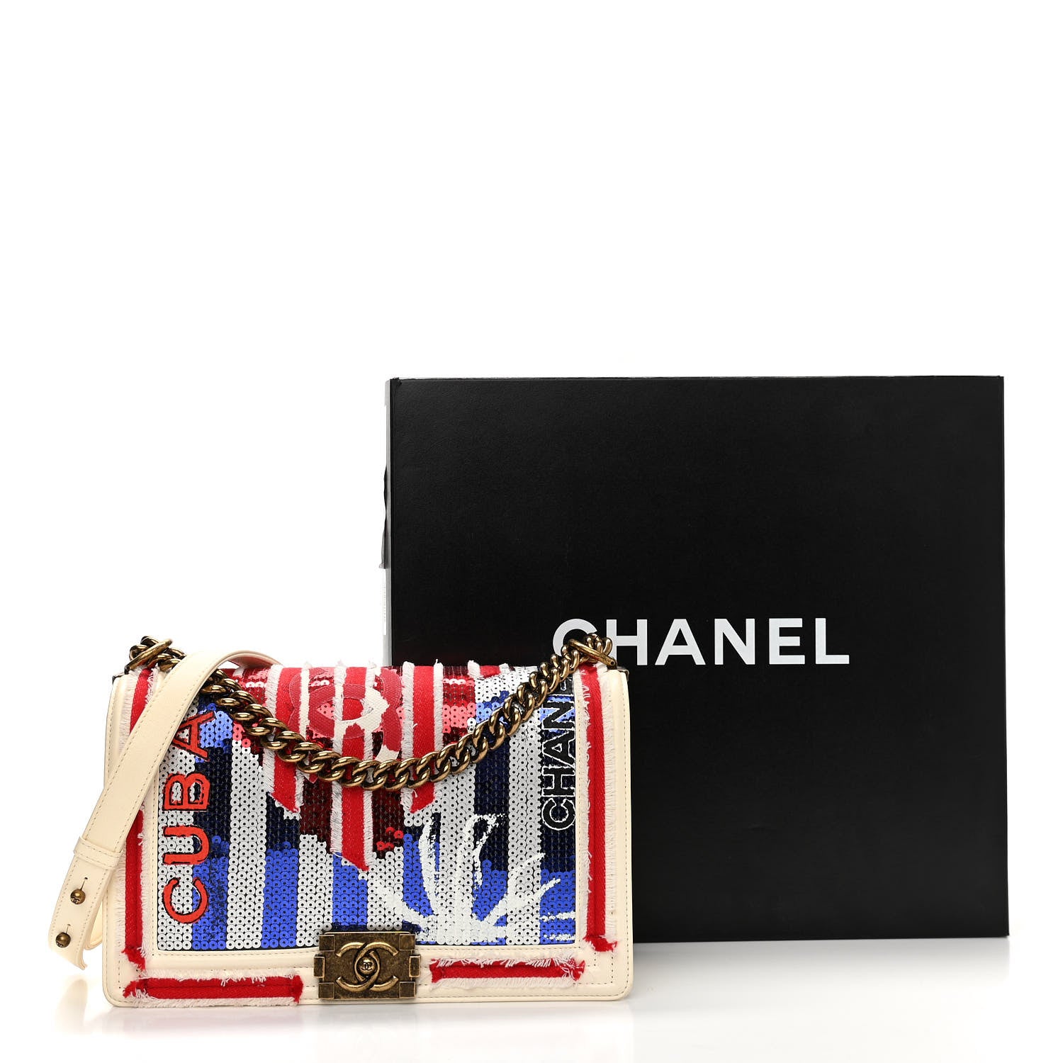Chanel Sequin Canvas New Medium Cuba Boy Flap White Blue Red 18 of 18