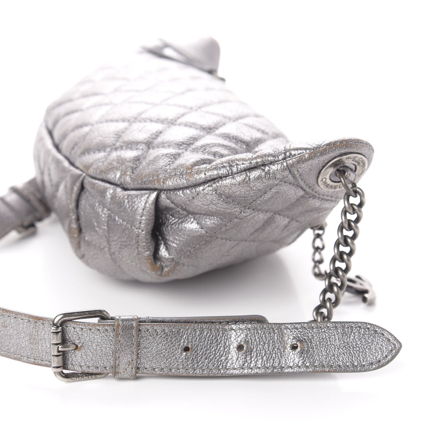 Metallic Goatskin Quilted Banane Waist Bag Fanny Pack Silver