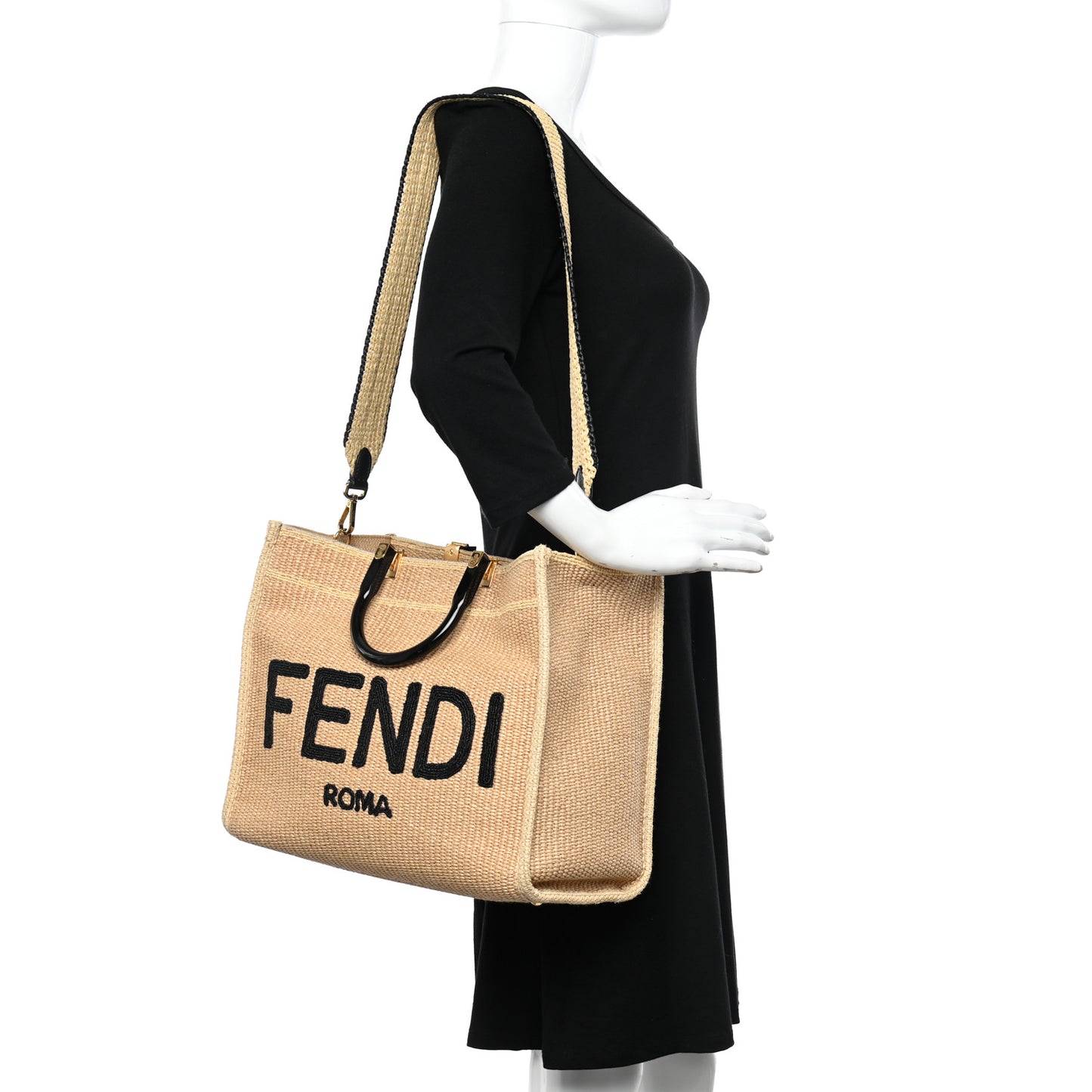 Straw Vitello King Plexiglass Woven Medium Fendi Sunshine Shopper Tote Natural Black