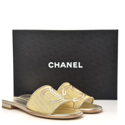 Chanel Glitter Mesh Patent Calfskin CC Mules 38 Gold 8 of 8