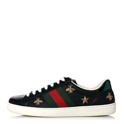 Gucci Calfskin Ayers Mens Web Bee Star Embroidered Ace Sneakers 5 Black 1 of 7