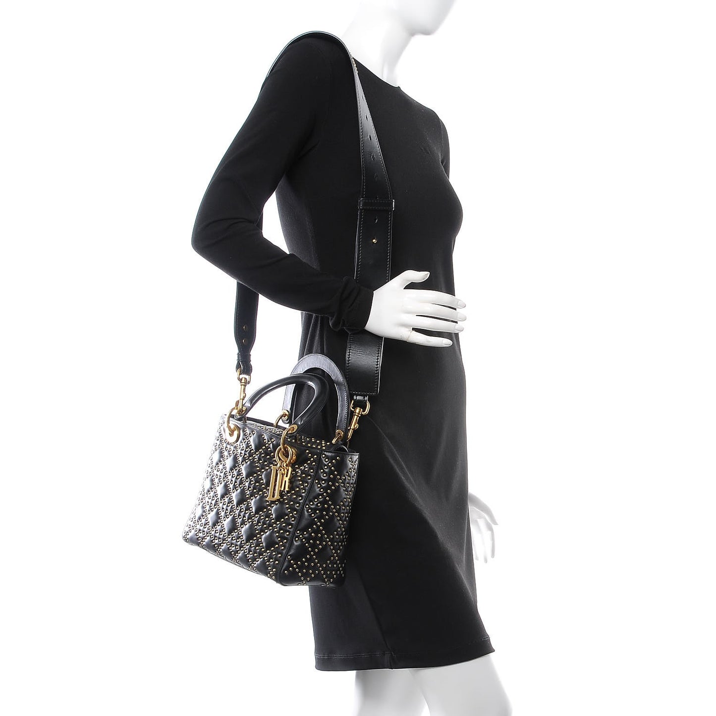 Calfskin Cannage Studded Medium Supple Lady Dior Black