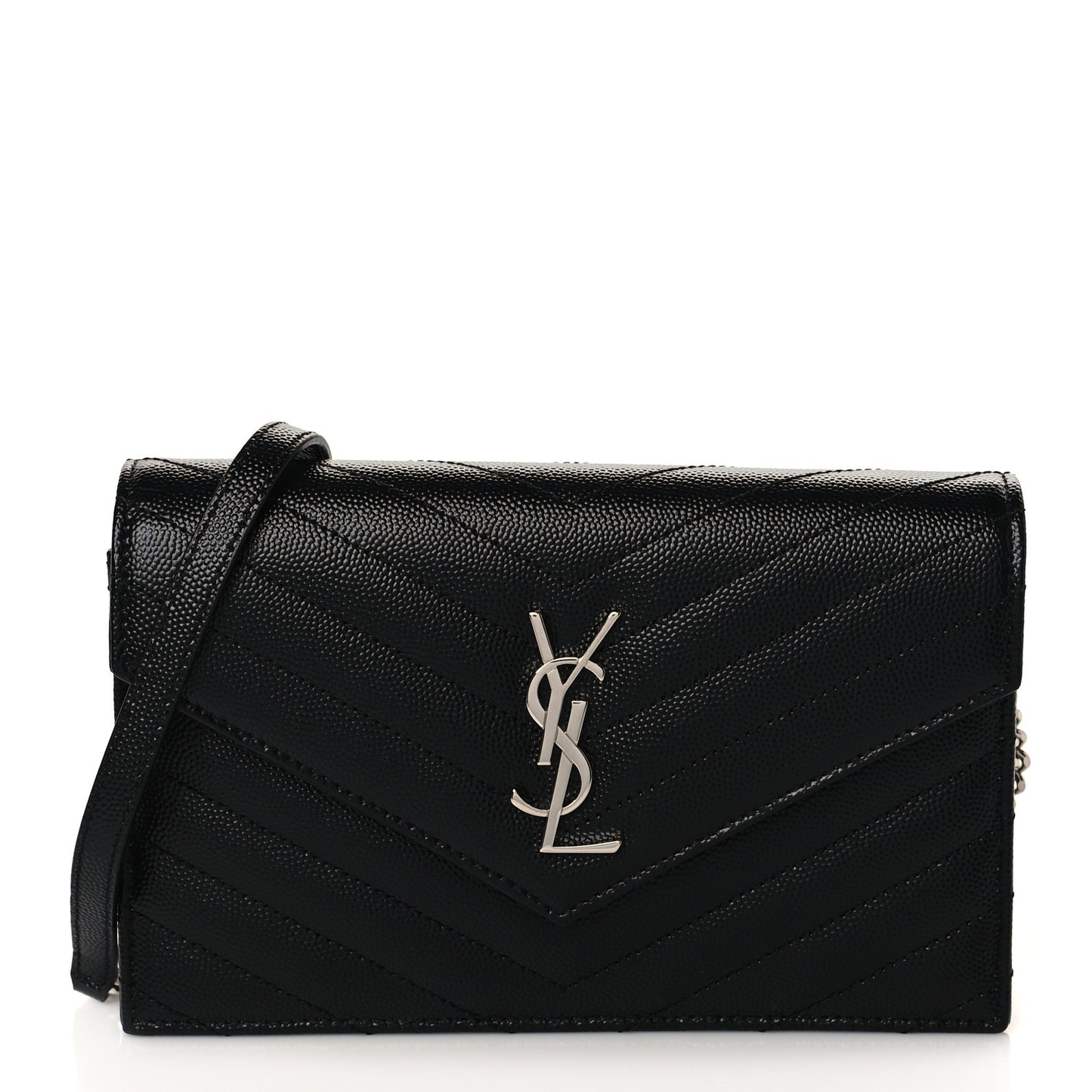 Grain De Poudre Matelasse Chevron Monogram Envelope Chain Wallet Black