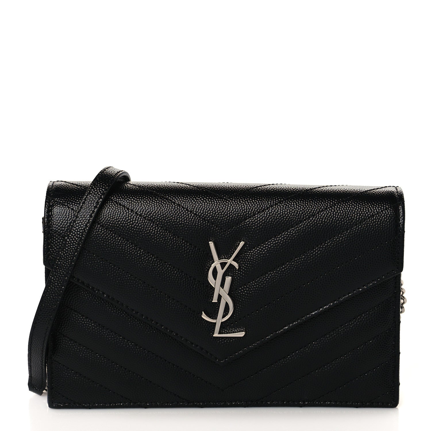 Saint Laurent Grain De Poudre Matelasse Chevron Monogram Envelope Chain Wallet Black 1 of 8