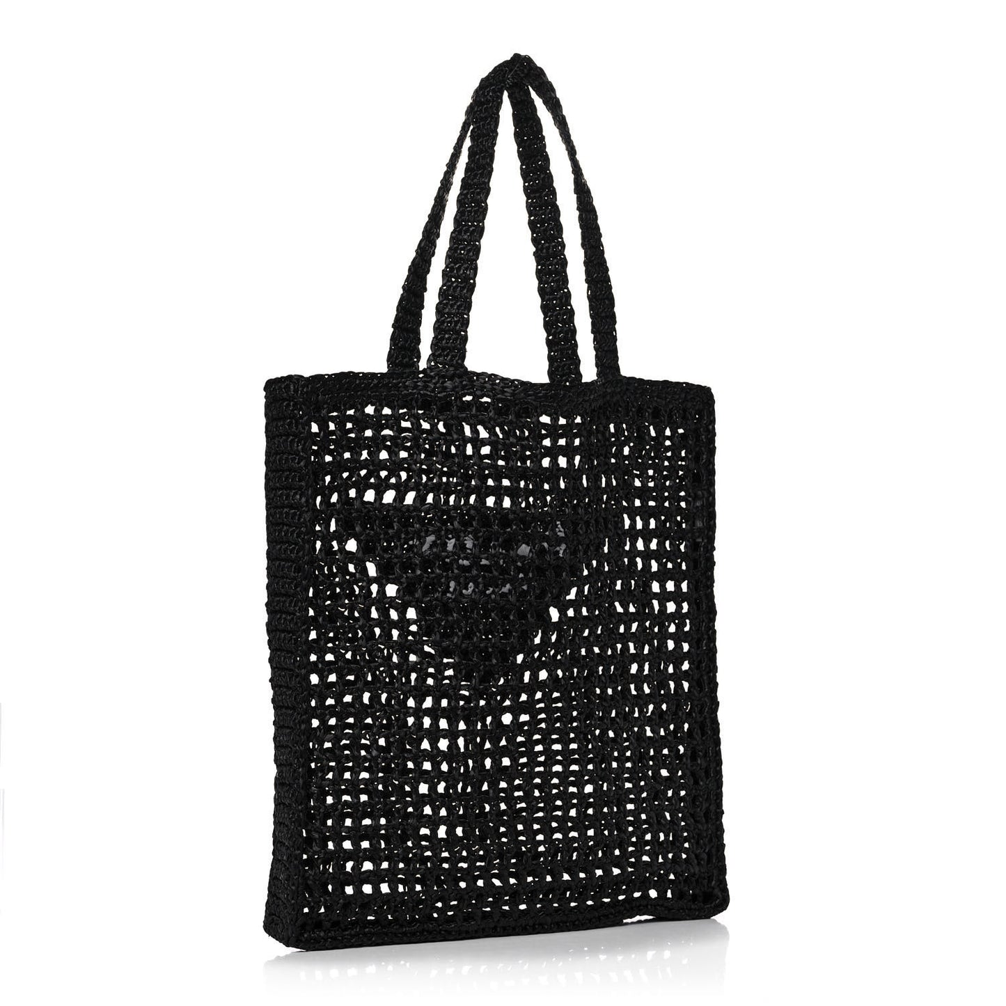 Yarn Raffia Effect Crochet Logo Embroidered Tote Bag Black