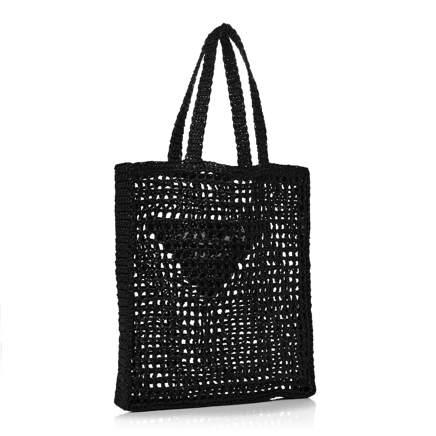 Prada Yarn Raffia Effect Crochet Logo Embroidered Tote Bag Black 3 of 9