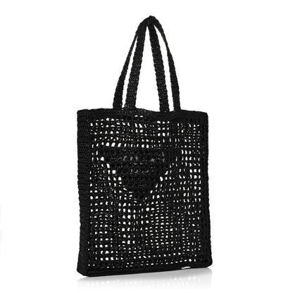 Prada Yarn Raffia Effect Crochet Logo Embroidered Tote Bag Black 3 of 9
