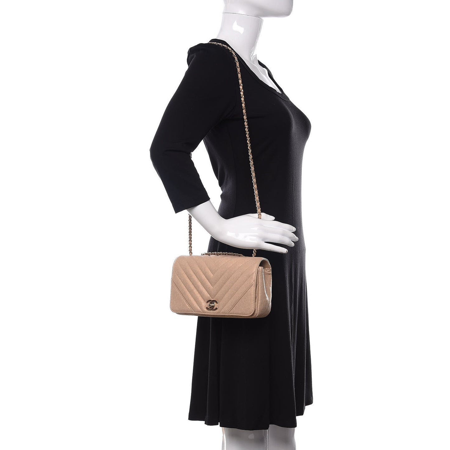 Metallic Caviar Chevron Quilted Medium Statement Flap Beige