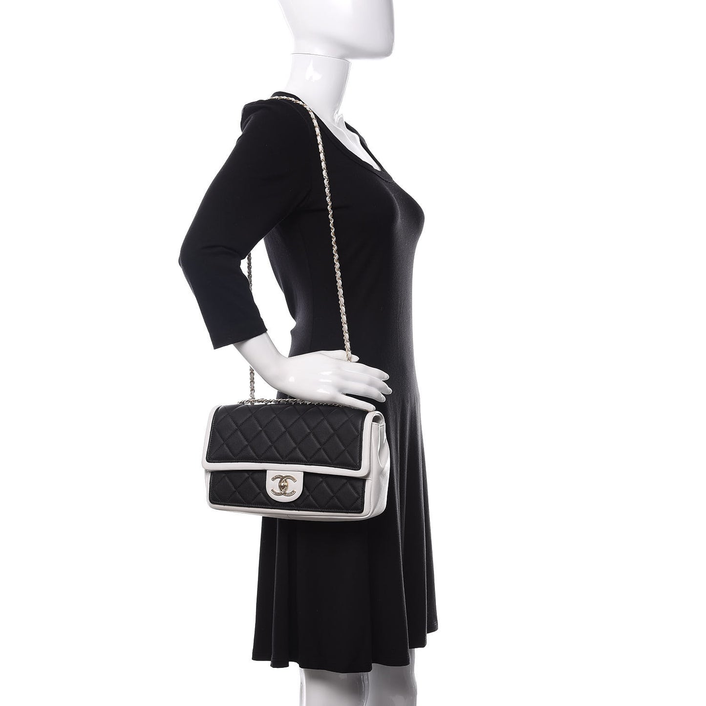 Calfskin Quilted Medium Graphic Flap Black White