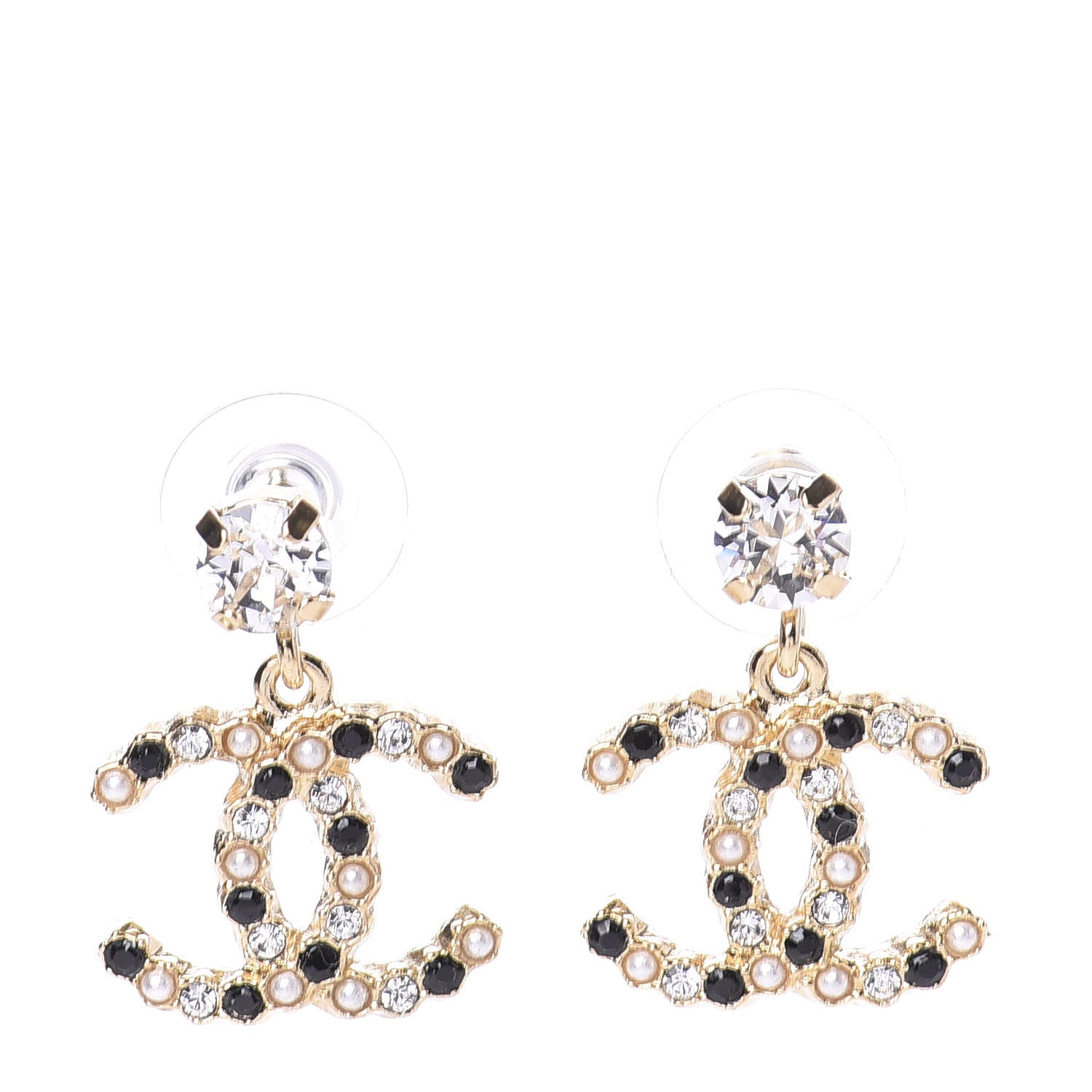 Chanel Resin Crystal Pearl CC Drop Earrings Gold Black 1 of 5