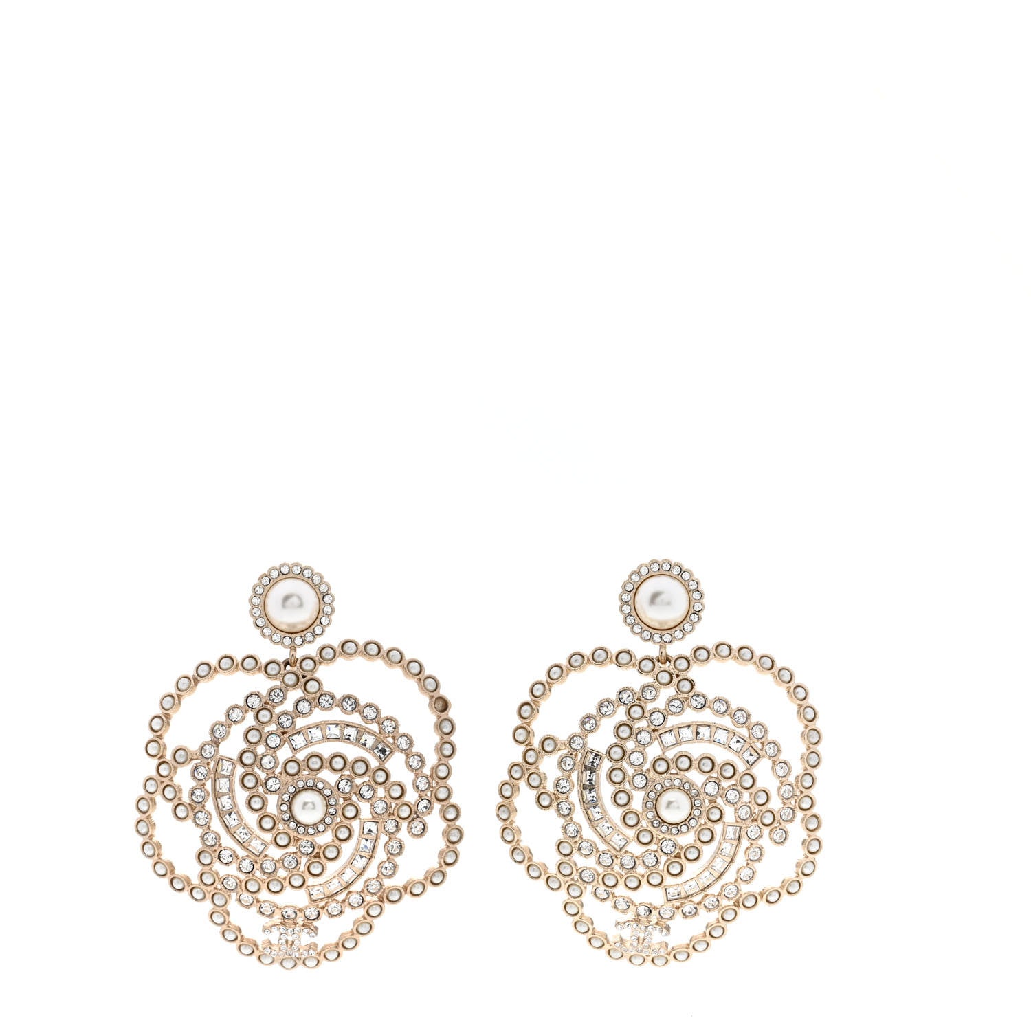 Chanel Pearl Crystal Lace Camellia Earrings Gold 1 of 5