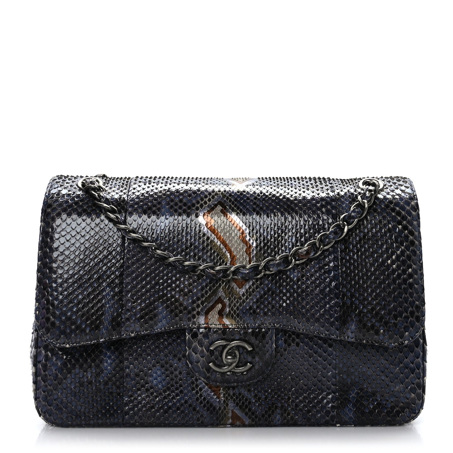 Chanel Metallic Snakeskin Jumbo Double Flap Blue 1 of 9