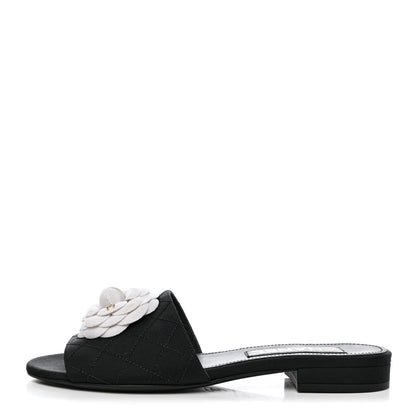 Chanel Grosgrain Quilted Camellia CC Slides 37.5 Black White 1 of 10