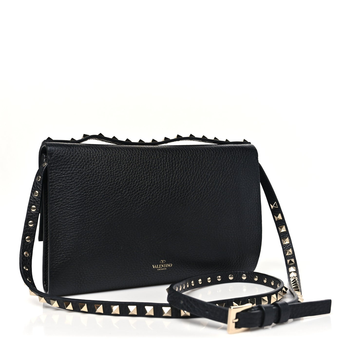 Grainy Calfskin Rockstud Double Flap Crossbody Bag Black