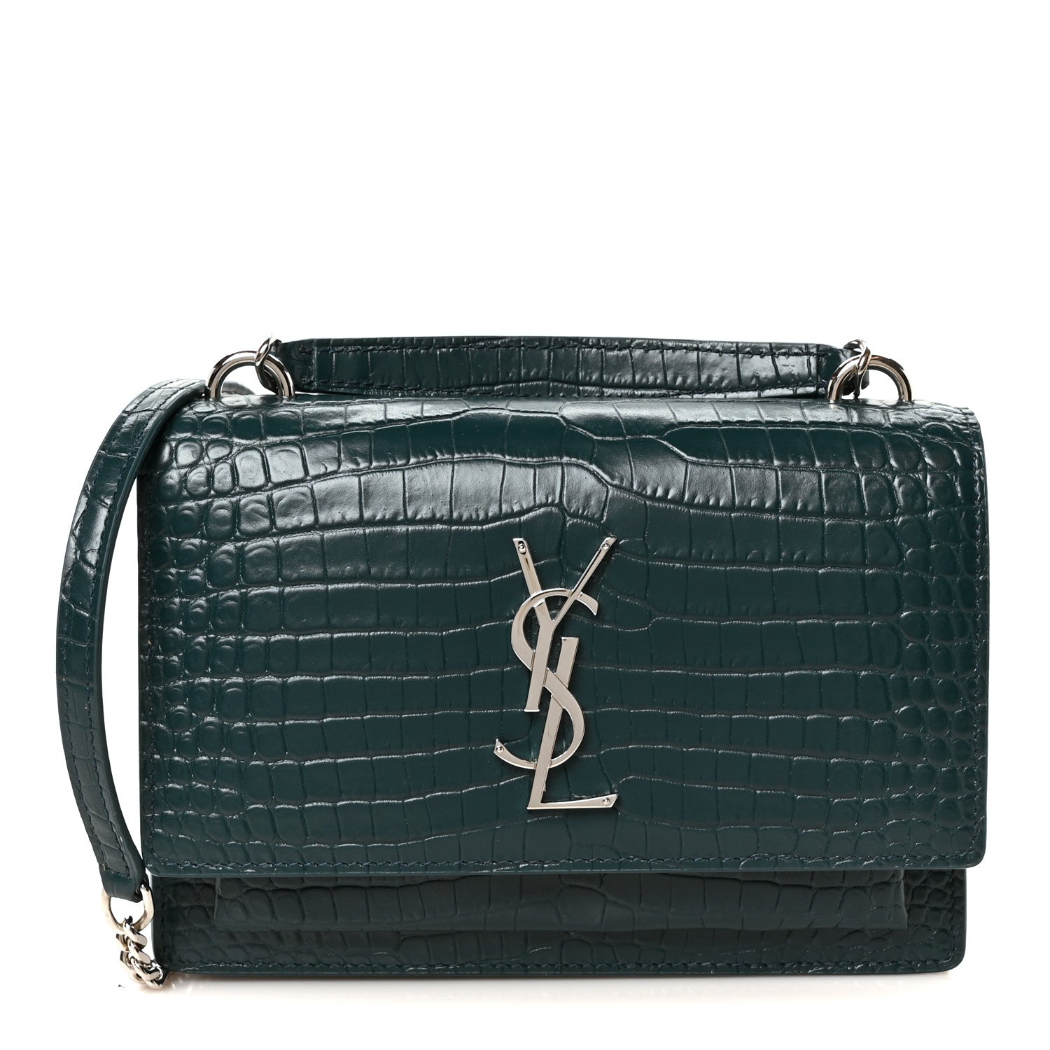 Saint Laurent Calfskin Crocodile Embossed Monogram Sunset Chain Wallet Dark Turquoise 1 of 10