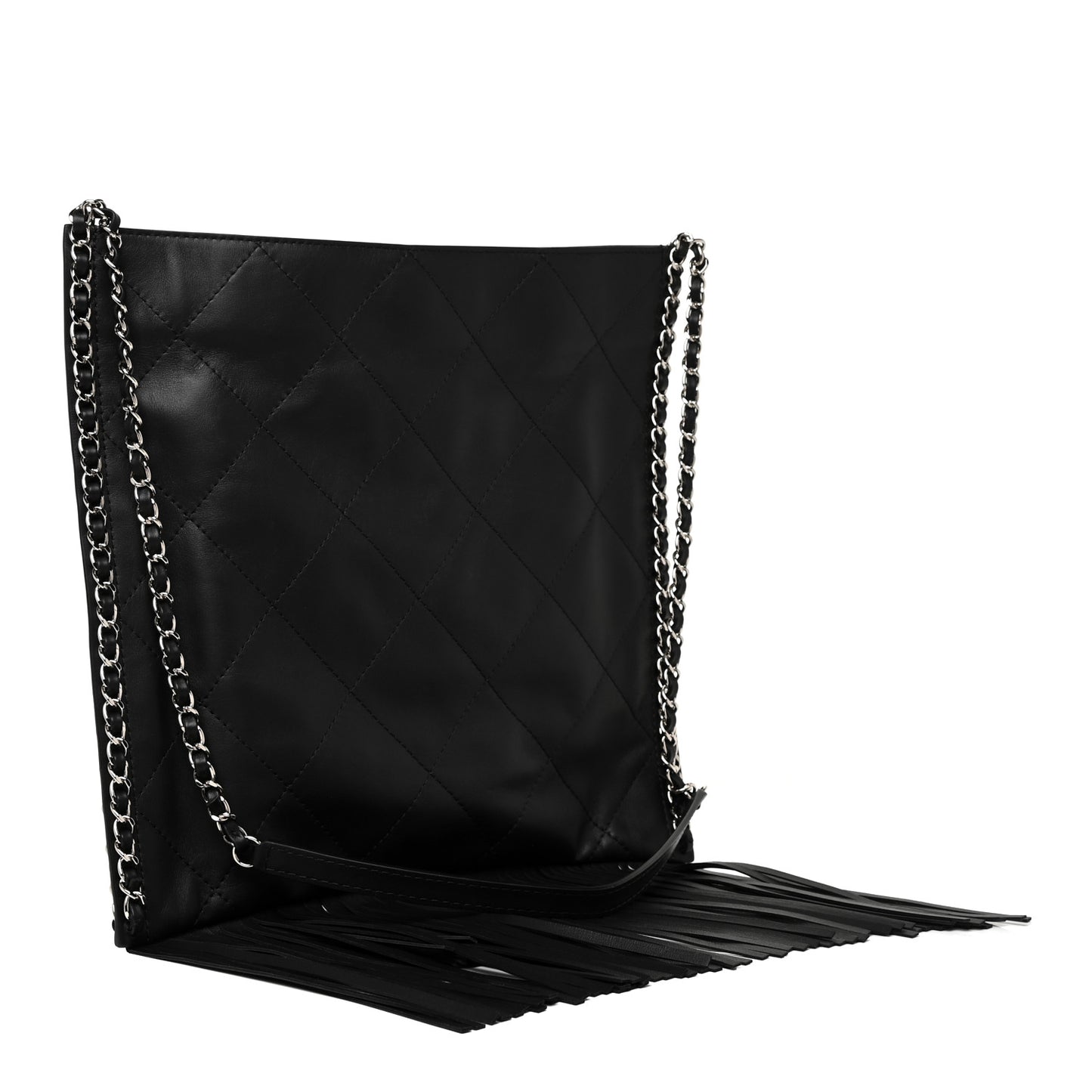 Calfskin Quilted Fringe Shopping Bag Black