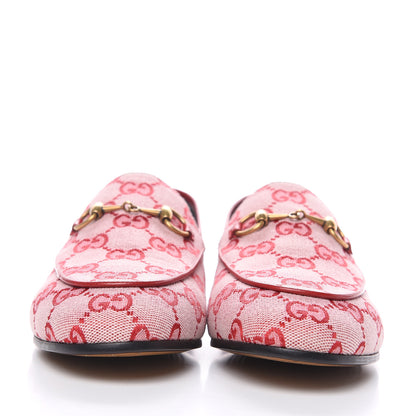 Gucci Canvas GG Monogram Horsebit Womens Jordaan Loafers 37.5 Gardenia Hibiscus Red 2 of 9