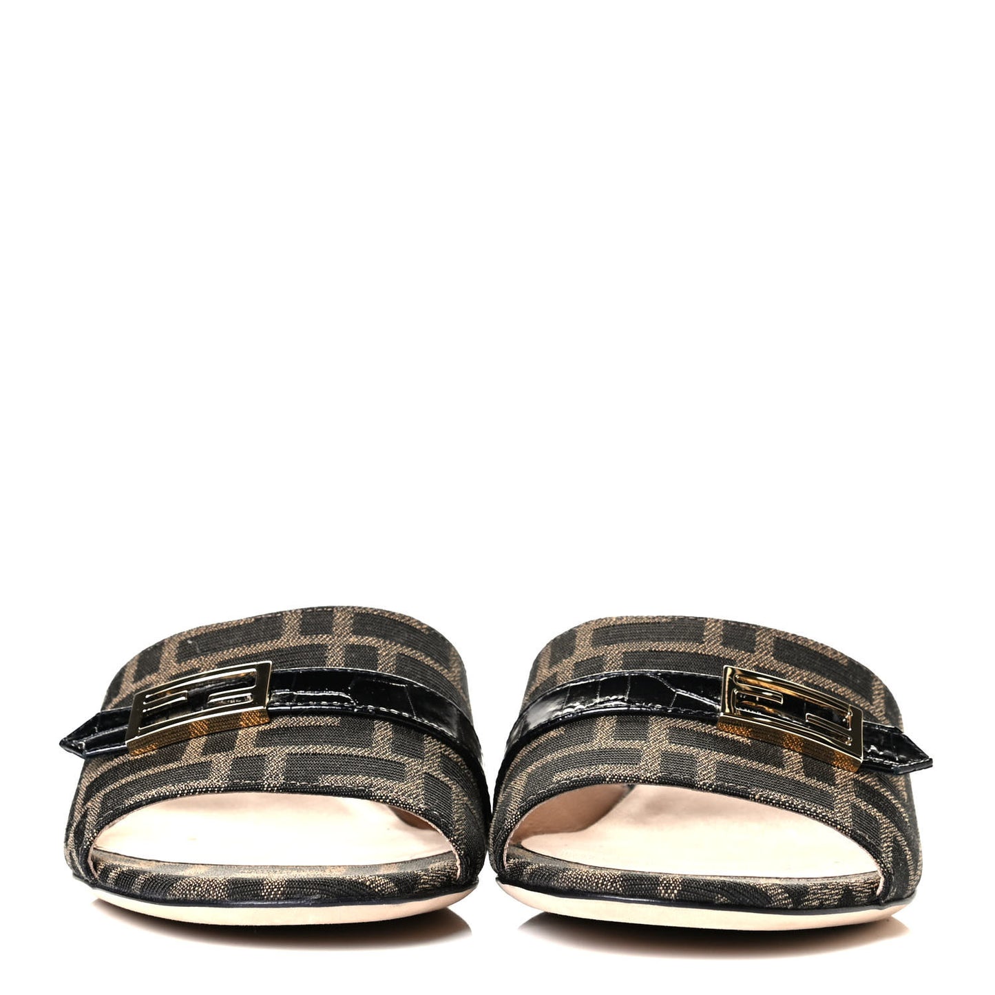 Jacquard Calfskin FF Crocodile Embossed Promenade Slide Sandals 38.5 Tobacco Moro Black