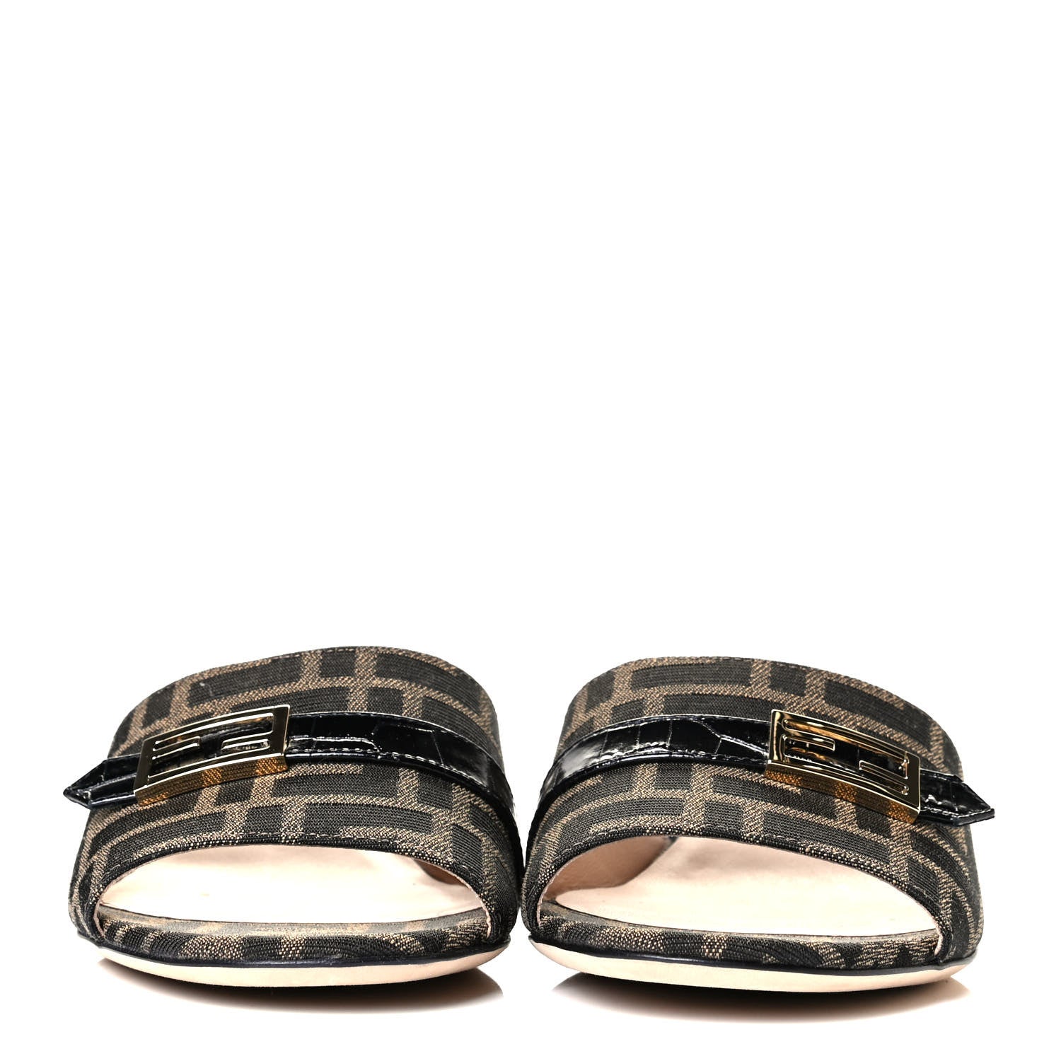 Fendi Jacquard Calfskin FF Crocodile Embossed Promenade Slide Sandals 38.5 Tobacco Moro Black 3 of 17
