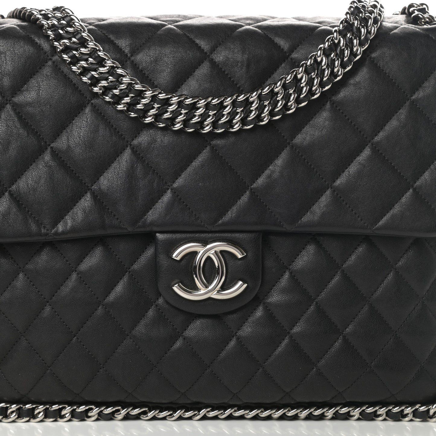 Washed Lambskin Quilted Maxi Chain Around Flap Black
