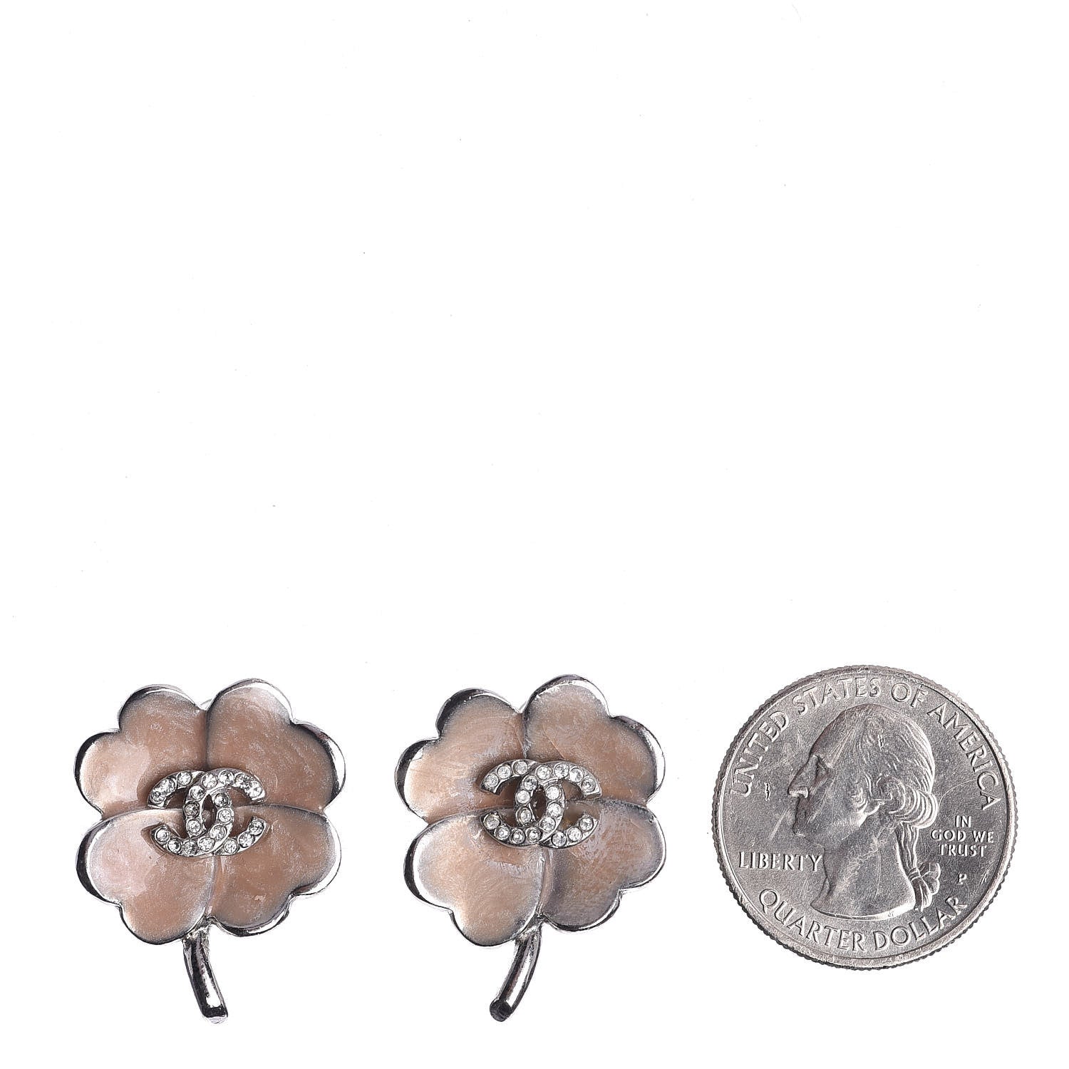 Chanel Enamel Crystal CC Camellia Clip On Earrings Beige Silver 2 of 5