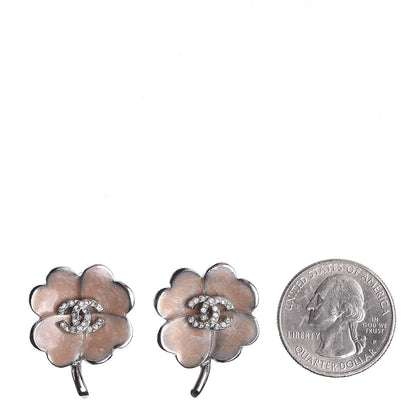 Chanel Enamel Crystal CC Camellia Clip On Earrings Beige Silver 2 of 5