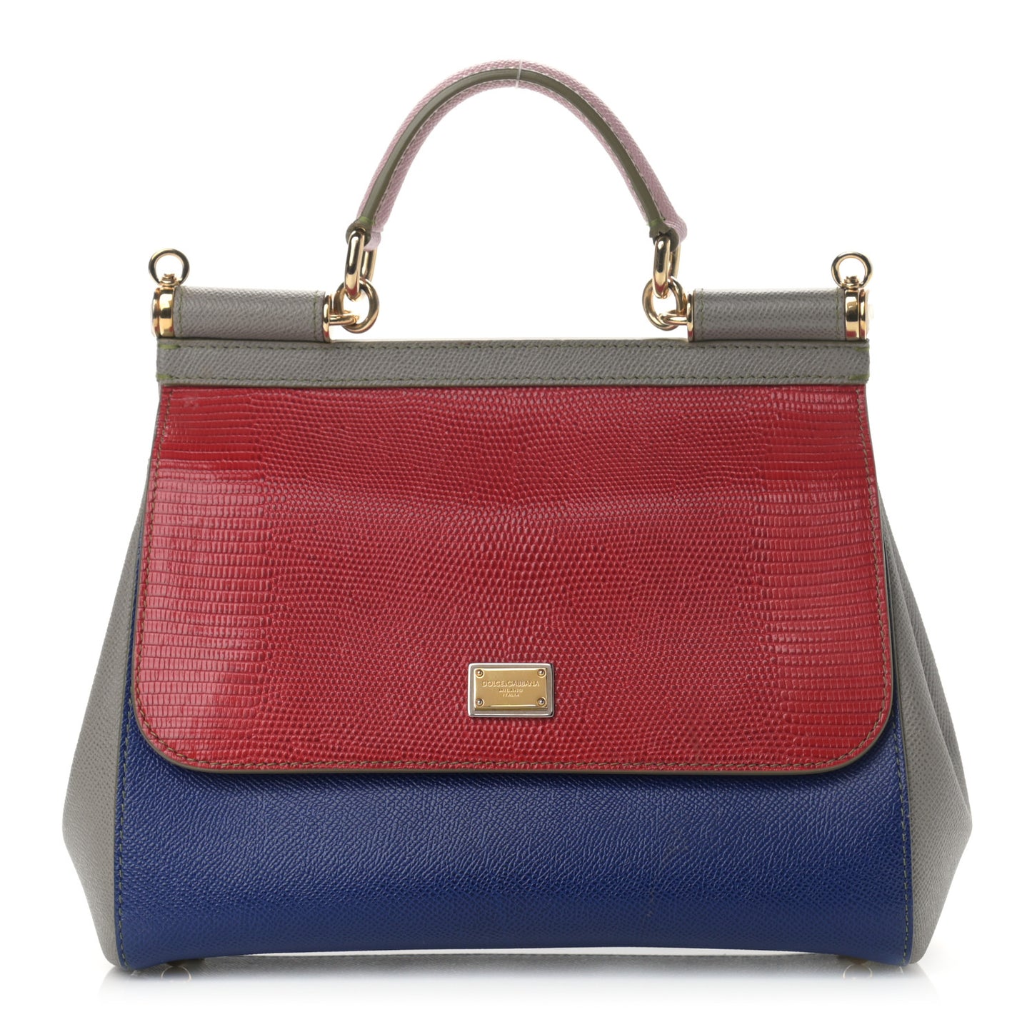 Lizard Calfskin Embossed Tri-Color Medium Miss Sicily Satchel Red Blue Grey