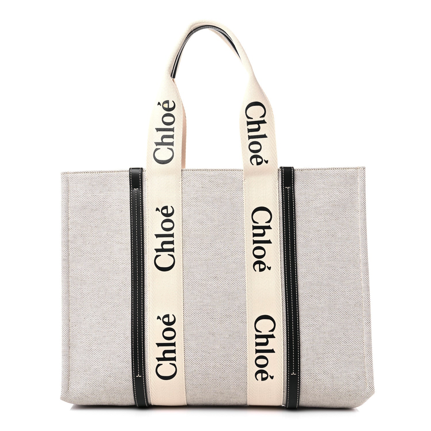 Chloe Cotton Calfskin Large Woody Ribbon Tote White Black 1 of 8