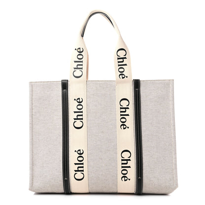 Chloe Cotton Calfskin Large Woody Ribbon Tote White Black 1 of 8
