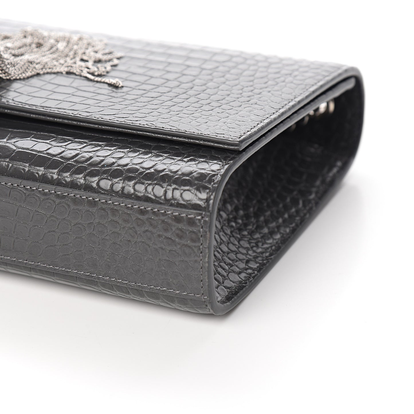 Calfskin Crocodile Embossed Medium Classic Monogram Kate Tassel Satchel Fog